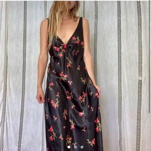 Black & Pink Floral Satin Slip Dress